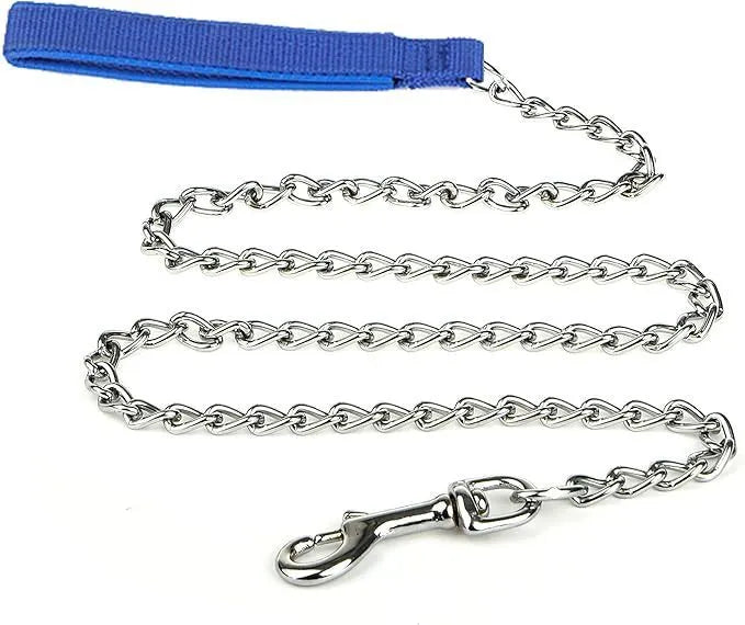 Heavy duty metal dog chain leash with soft black padded handle for large dogs