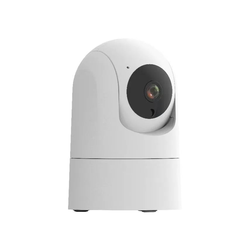 White indoor smart security camera with shake head mechanism and wide-angle lens on mounting base