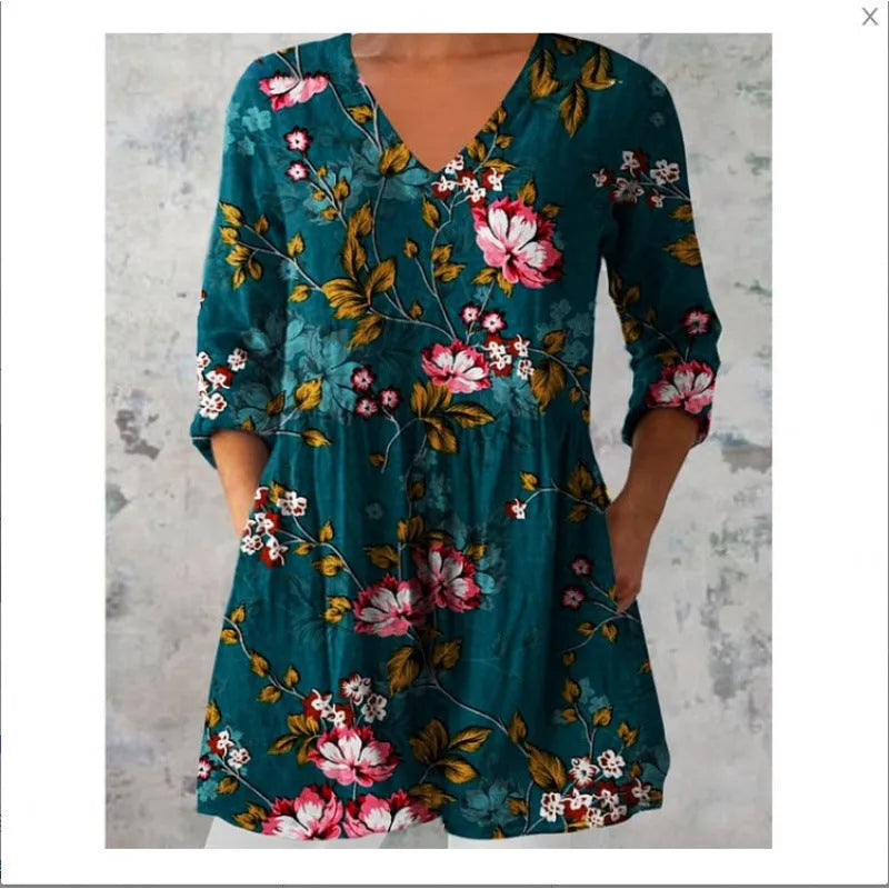 Women's printed wave loose dress with colourful floral pattern and wide waist design