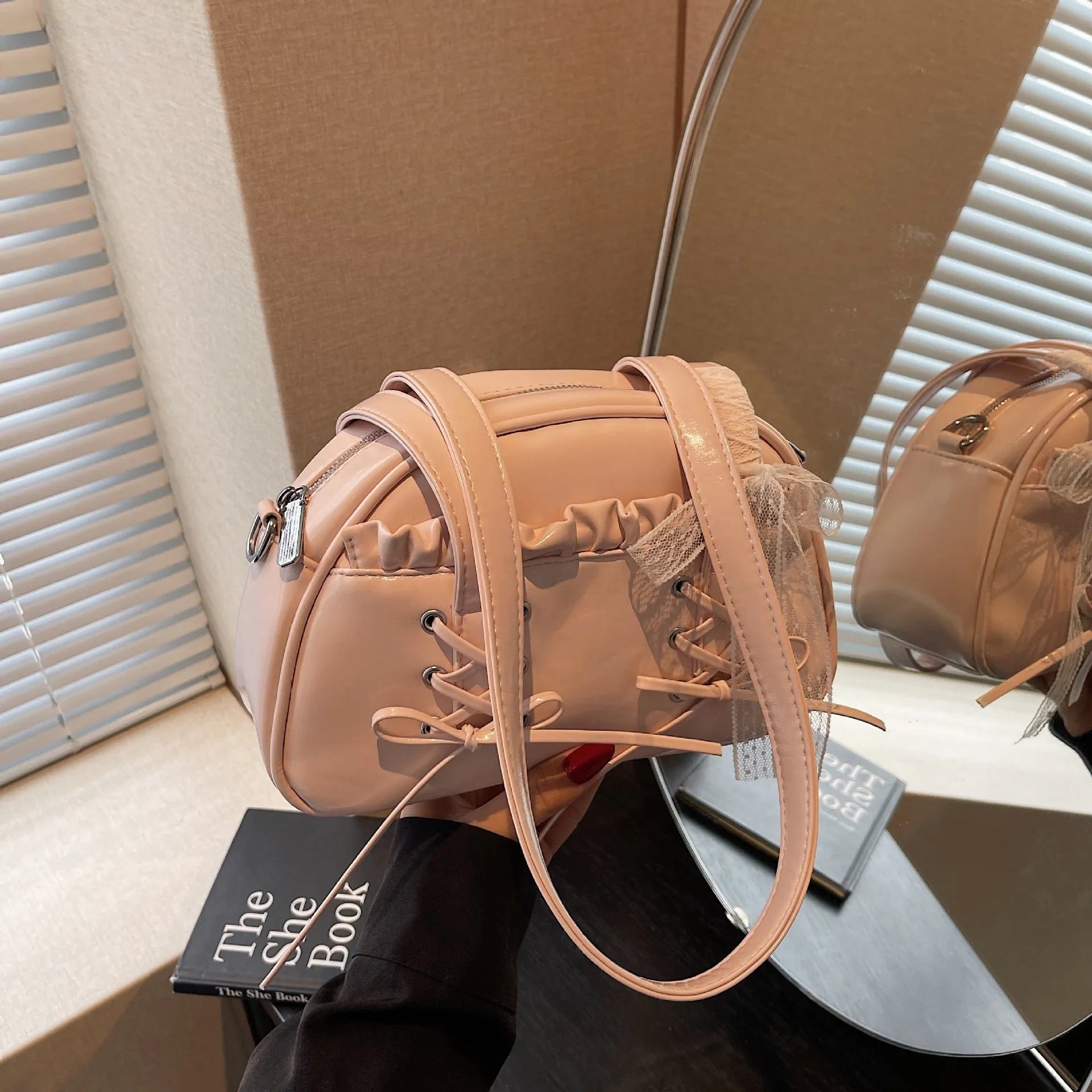 Women's bandage bow PU leather handbag with shoulder strap and internal phone compartment
