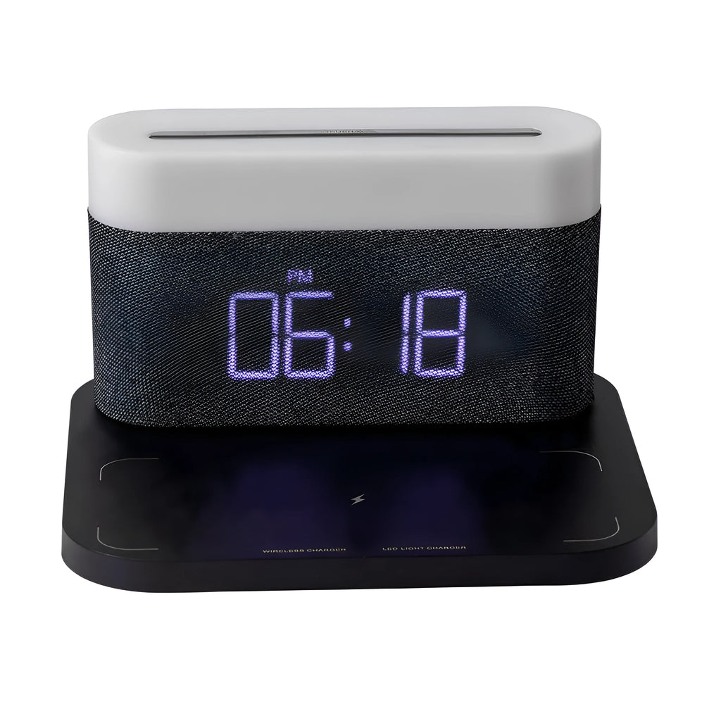 Black wireless charging bedside lamp with digital clock display and thermal cup functionality