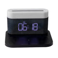 Black wireless charging bedside lamp with digital clock display and thermal cup functionality