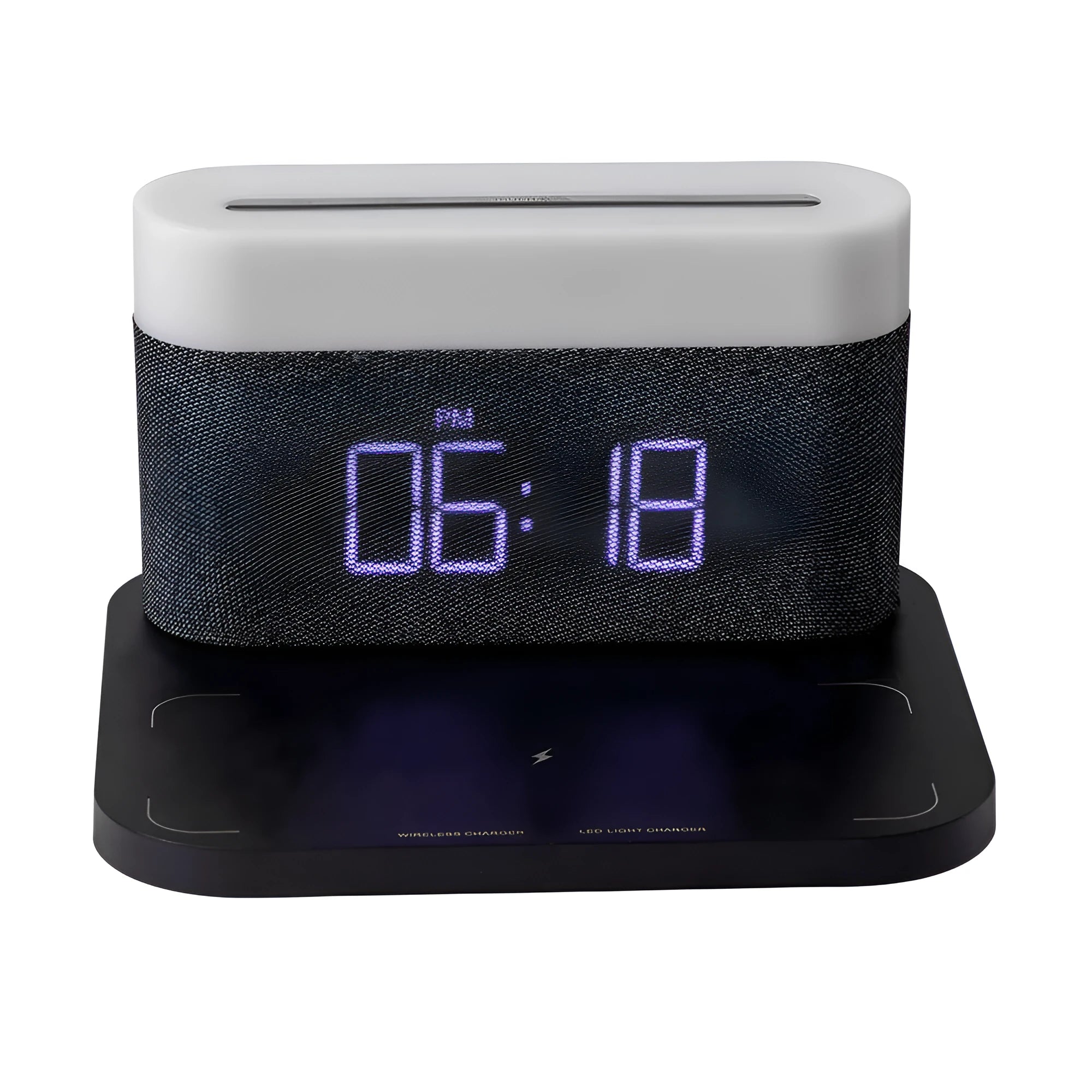 Black wireless charging bedside lamp with digital clock display and thermal cup functionality