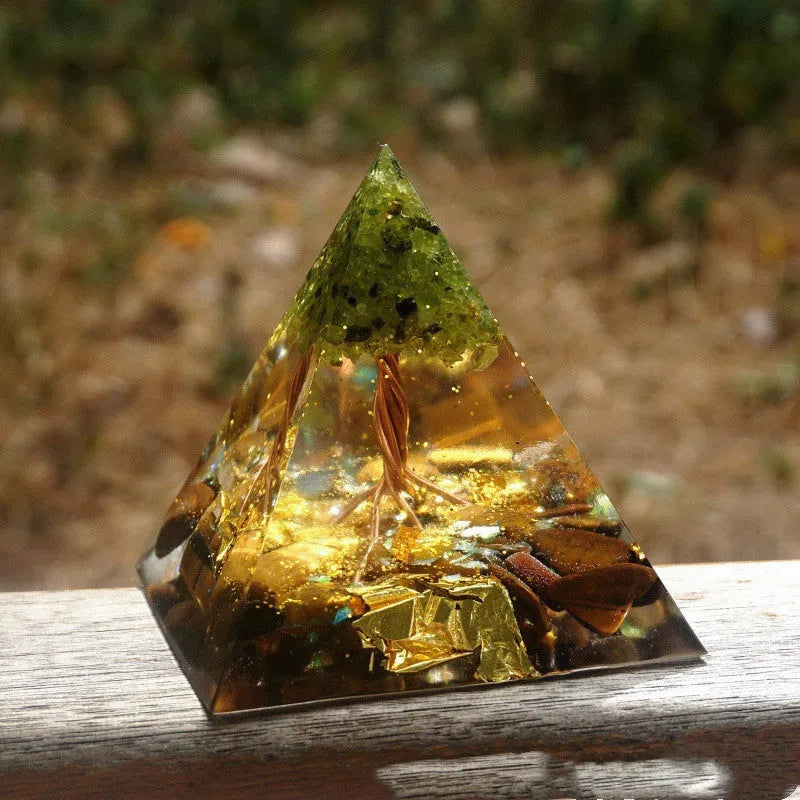 6cm resin pyramid decoration with embedded natural crystal gravel in geometric energy tower design