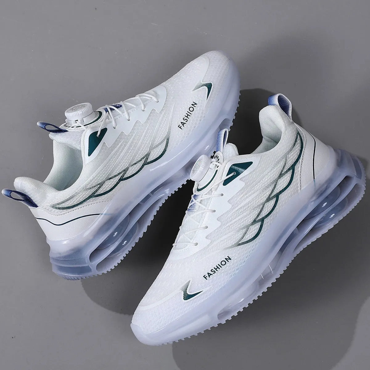 White Korean style casual shoes with rotating button lace-up and mesh upper