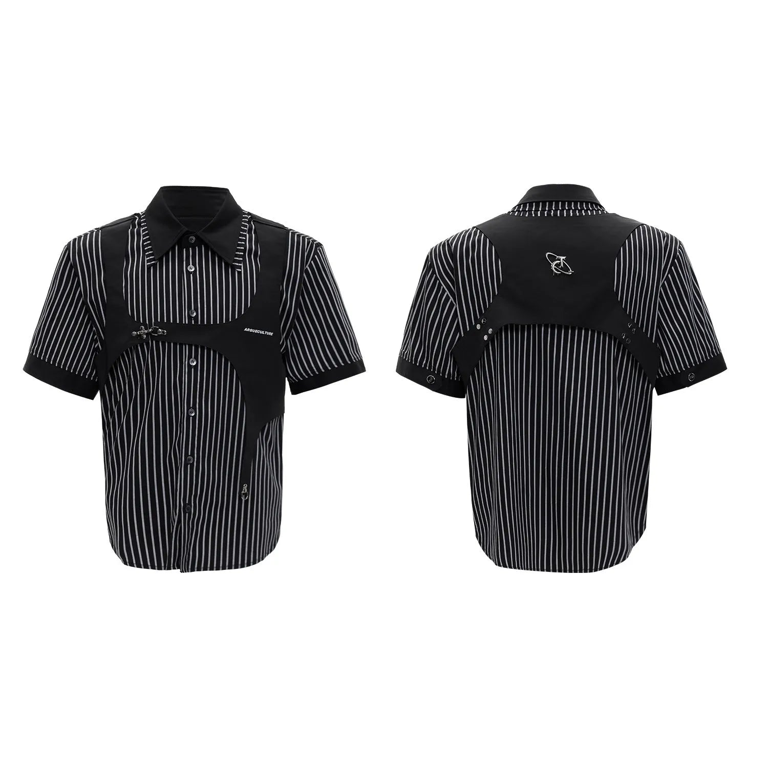 Men's black and white striped cotton shirt with a double collar creating a vest-like appearance.