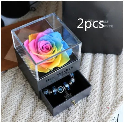 Preserved eternal rose and carnation gift box in glass display case for jewellery storage