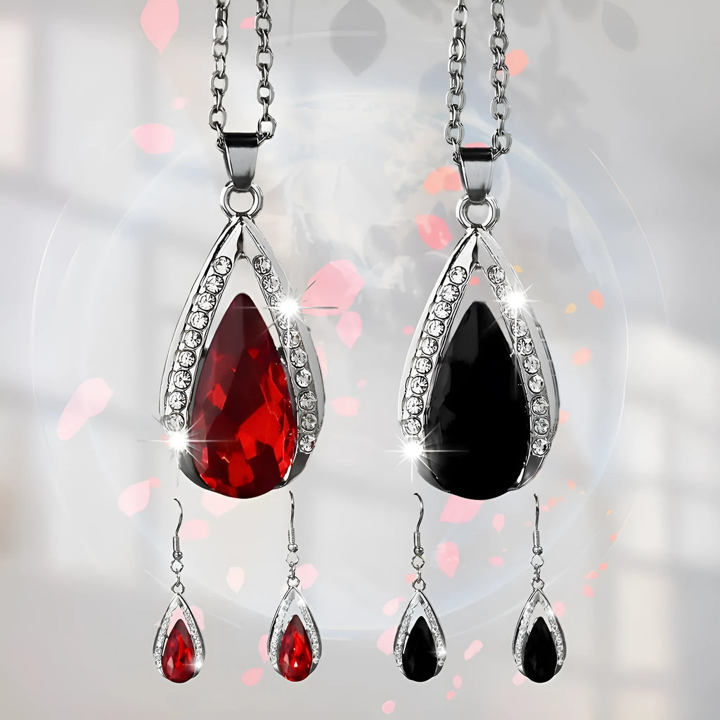 Black and red teardrop glass pendant necklace and matching earrings jewellery set
