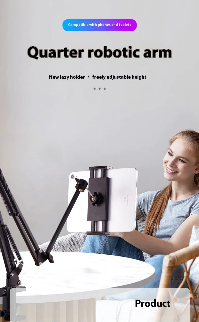 Black foldable metal cantilever bracket holding a tablet on a desktop.