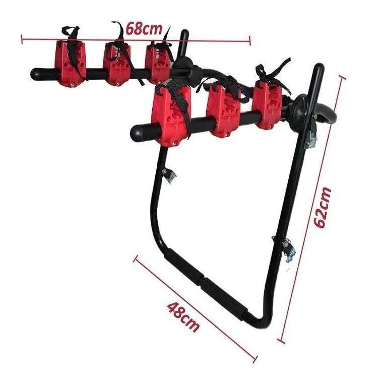 Black and red trunk mounted bike rack with protective sponge layer on car boot