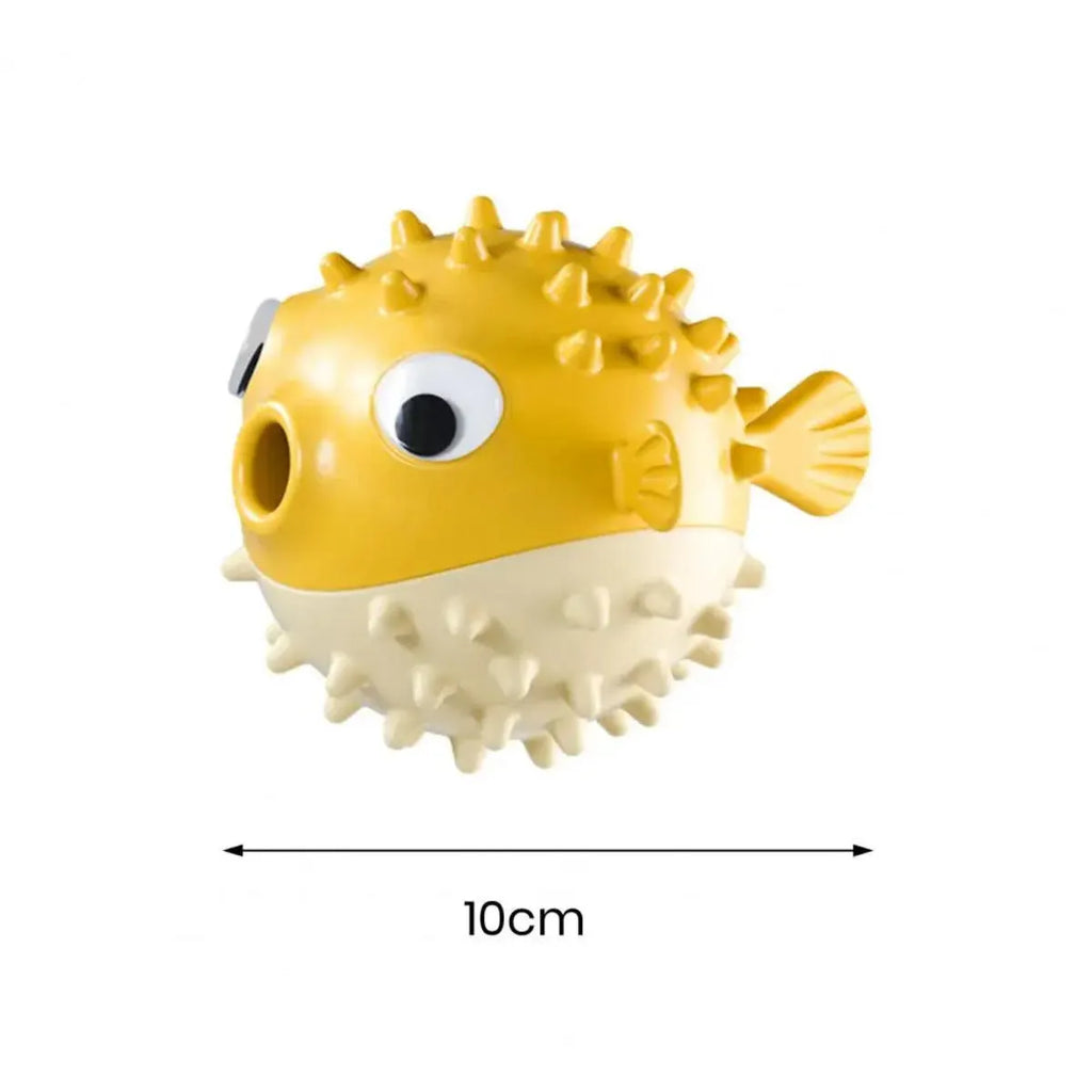 Yellow vinyl fish-shaped dog chew toy with textured surface for aggressive chewers.