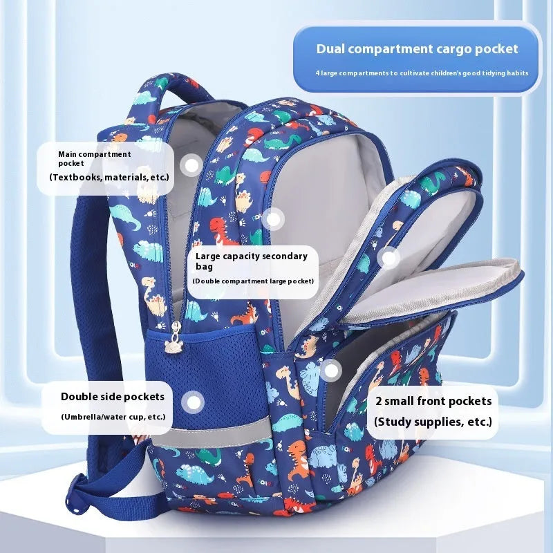 Blue children's dinosaur design school backpack with curved straps on a neutral background.