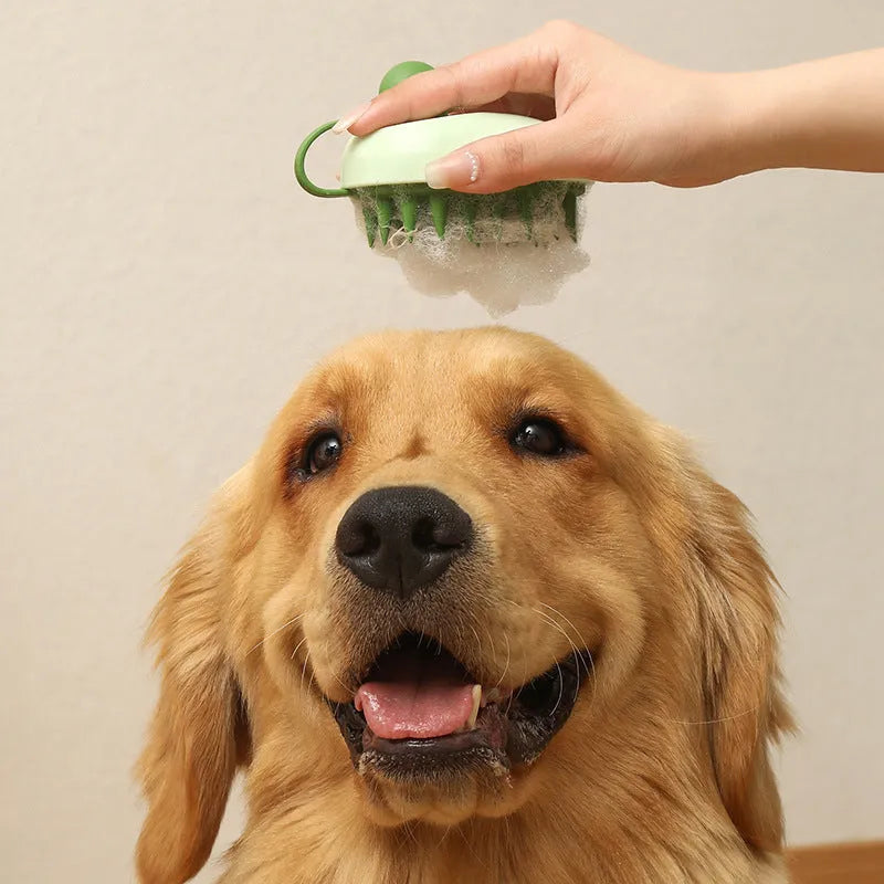 Silicone pet grooming brush for dogs with dual hair removal and bath massage functions in four colour options