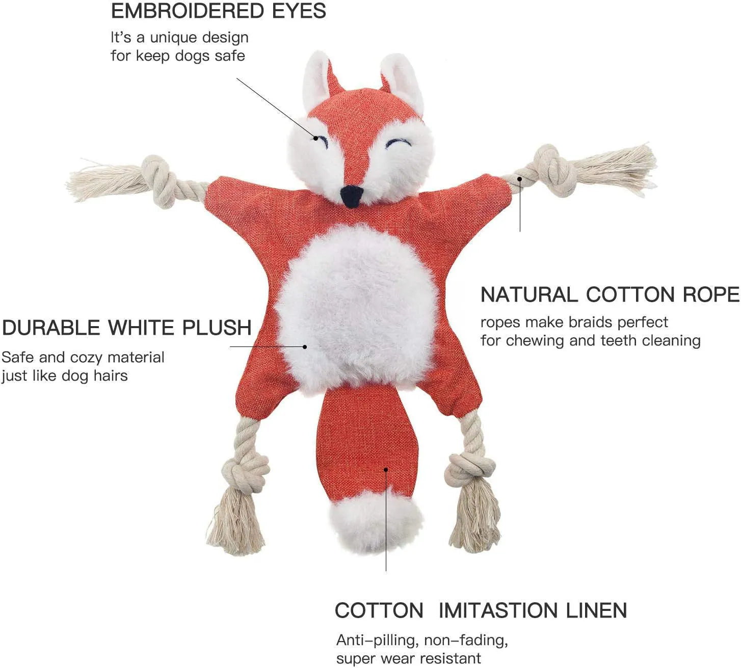 Brown fox plush dog toy with squeaker in head, crinkle paper body, and rope limbs for chewing
