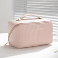 Vertical pattern pillow makeup bag in cubic shape with PU material, measuring 22.5cm height