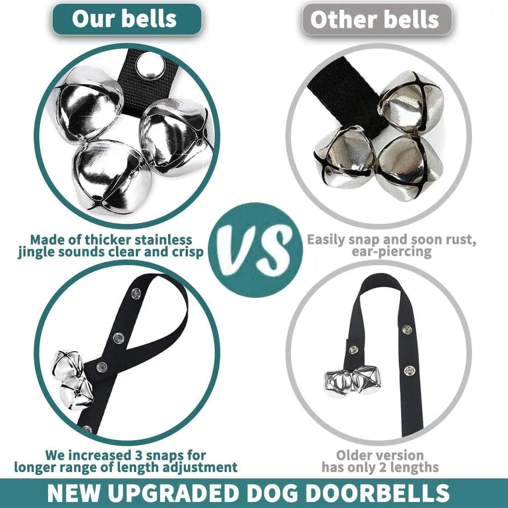 Seven large silver metal dog training bells on adjustable nylon leash for potty signal communication