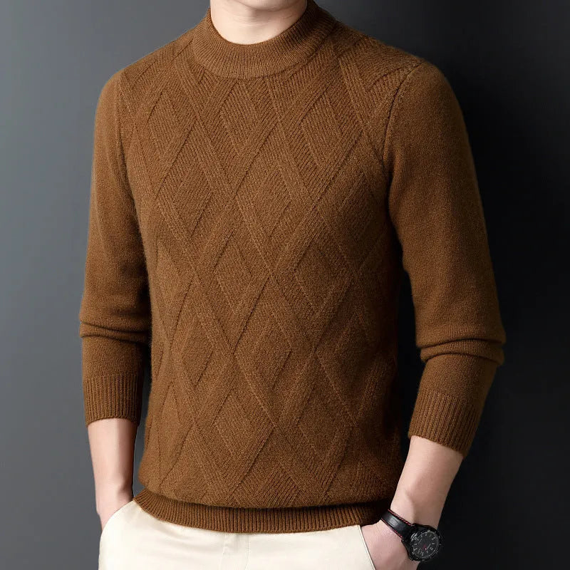 Men's diamond jacquard winter thermal sweater in wool blend fabric shown in light camel colour