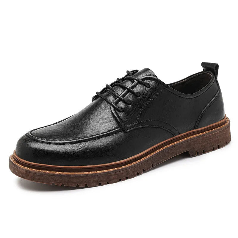 Men's black casual leather shoes with round toe, low-top design and decorative sewing lines