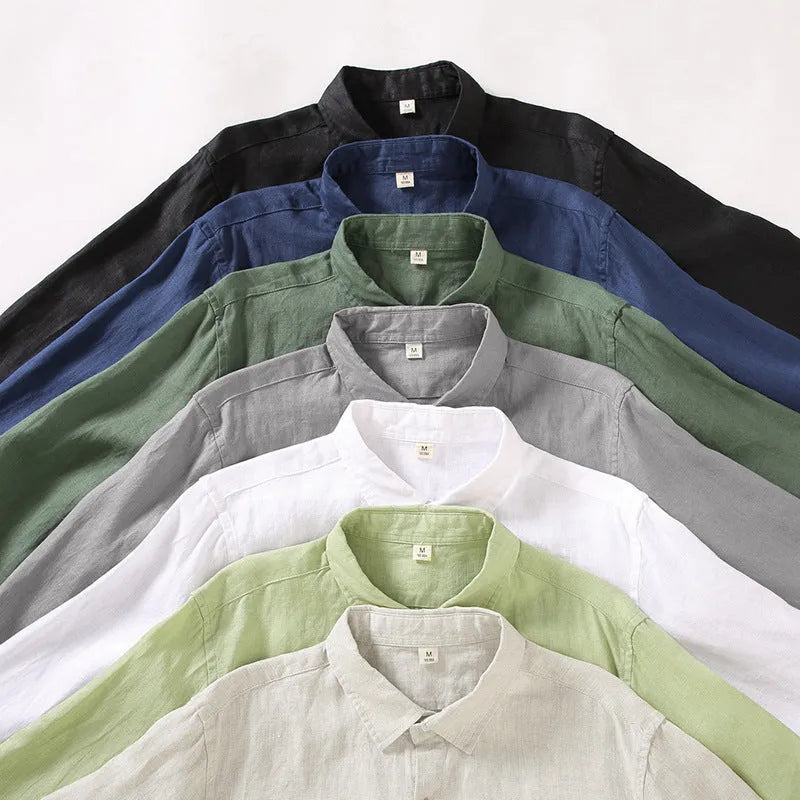 Linen long sleeve loose fit shirt in light green colour, shown on a hanger.
