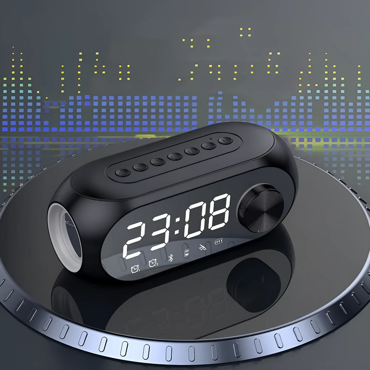 S8 Black portable mini clock and Bluetooth speaker with extra bass on a desk, connected via USB cable.