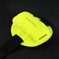 Reflective black running arm band with adjustable strap, shown holding a smartphone.