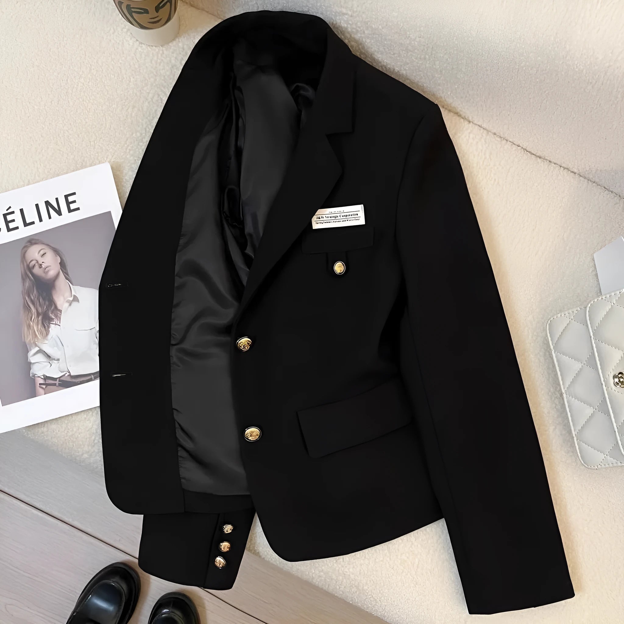 Black loose-fit women's short suit coat with long sleeves and pocket details.