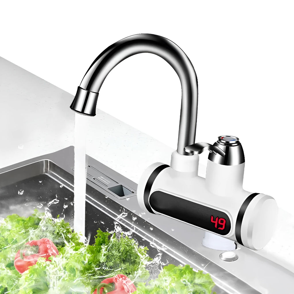 White electric kitchen water heater with digital temperature display and instant hot water function
