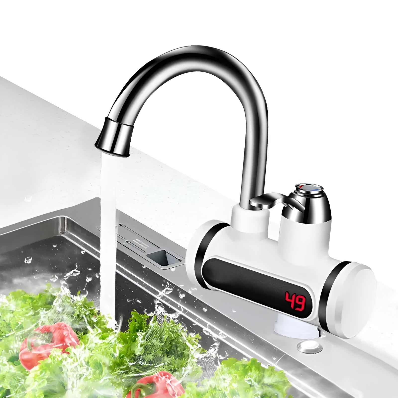 White electric kitchen water heater with digital temperature display and instant hot water function