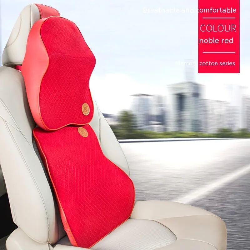Black memory foam headrest pillow and lumbar support pillow for car seats.
