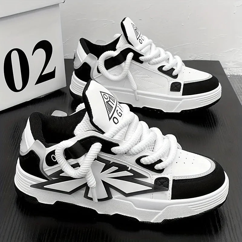 Men's black chunky sneakers with a cartoon totem pattern on the synthetic leather upper.