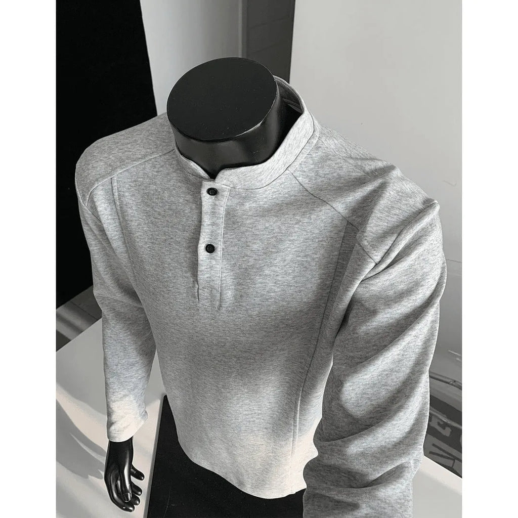 Men's patchwork stand-up collar polo shirt in loose fit with long sleeves