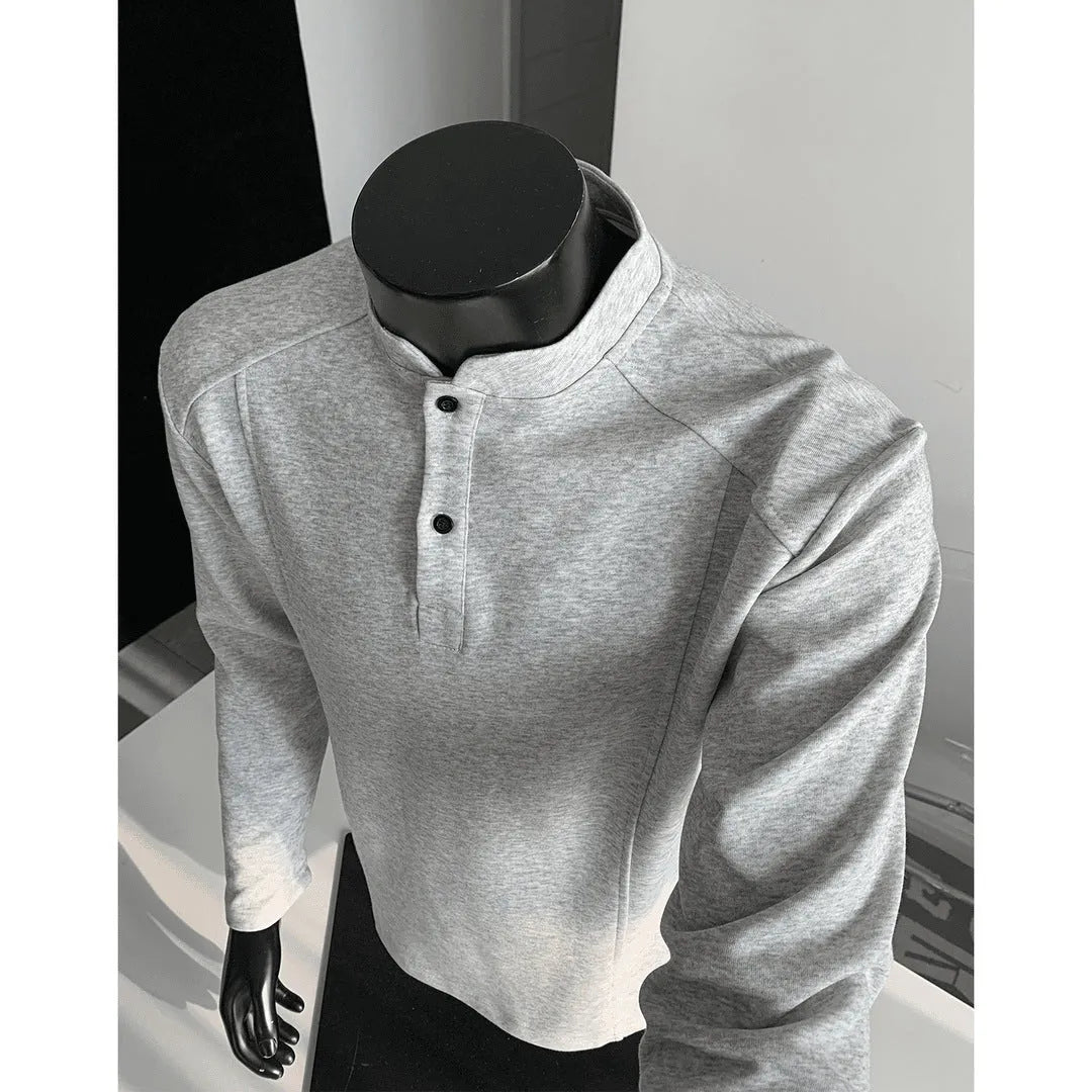 Men's patchwork stand-up collar polo shirt in loose fit with long sleeves