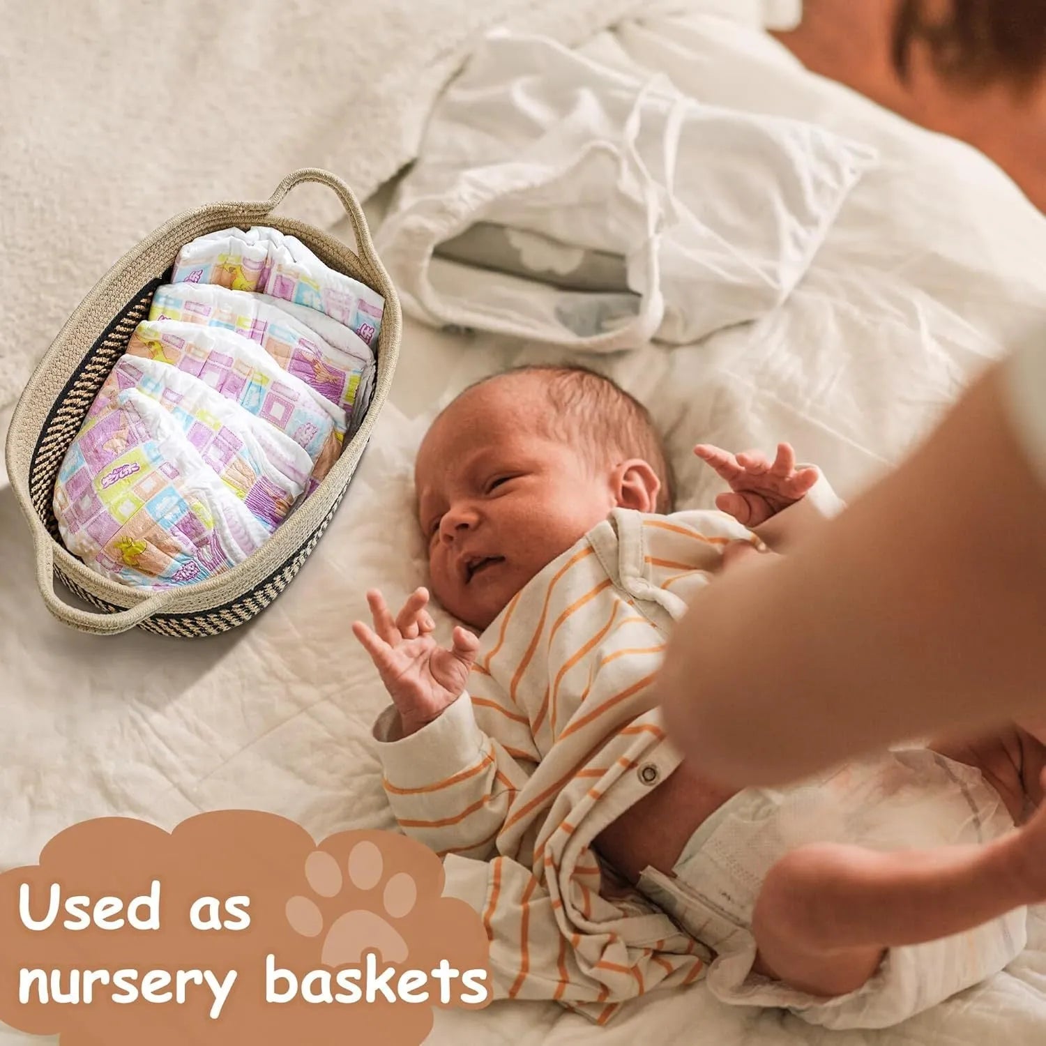 Handmade light beige cotton rope storage basket with wood elements measuring 34x26x15cm