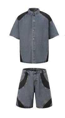 Retro washed denim short-sleeve jacket and full-length trousers suit in blue street style