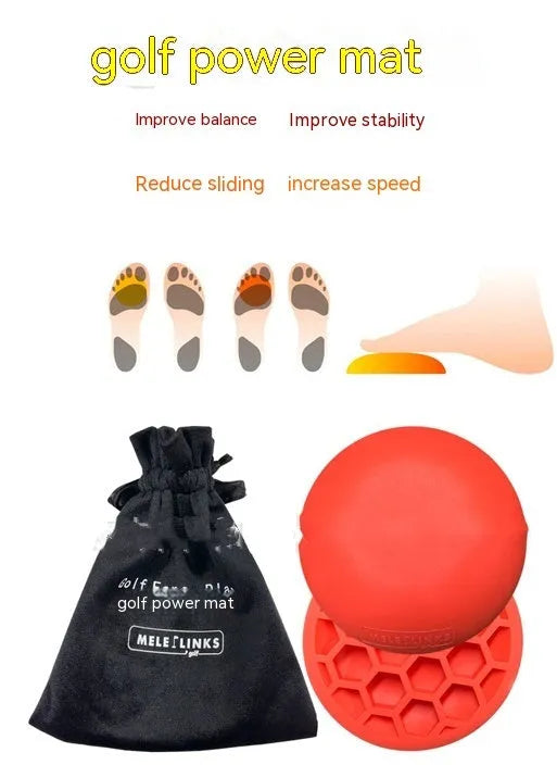 Orange circular rubber golf training mat for swing practice and centre of gravity work