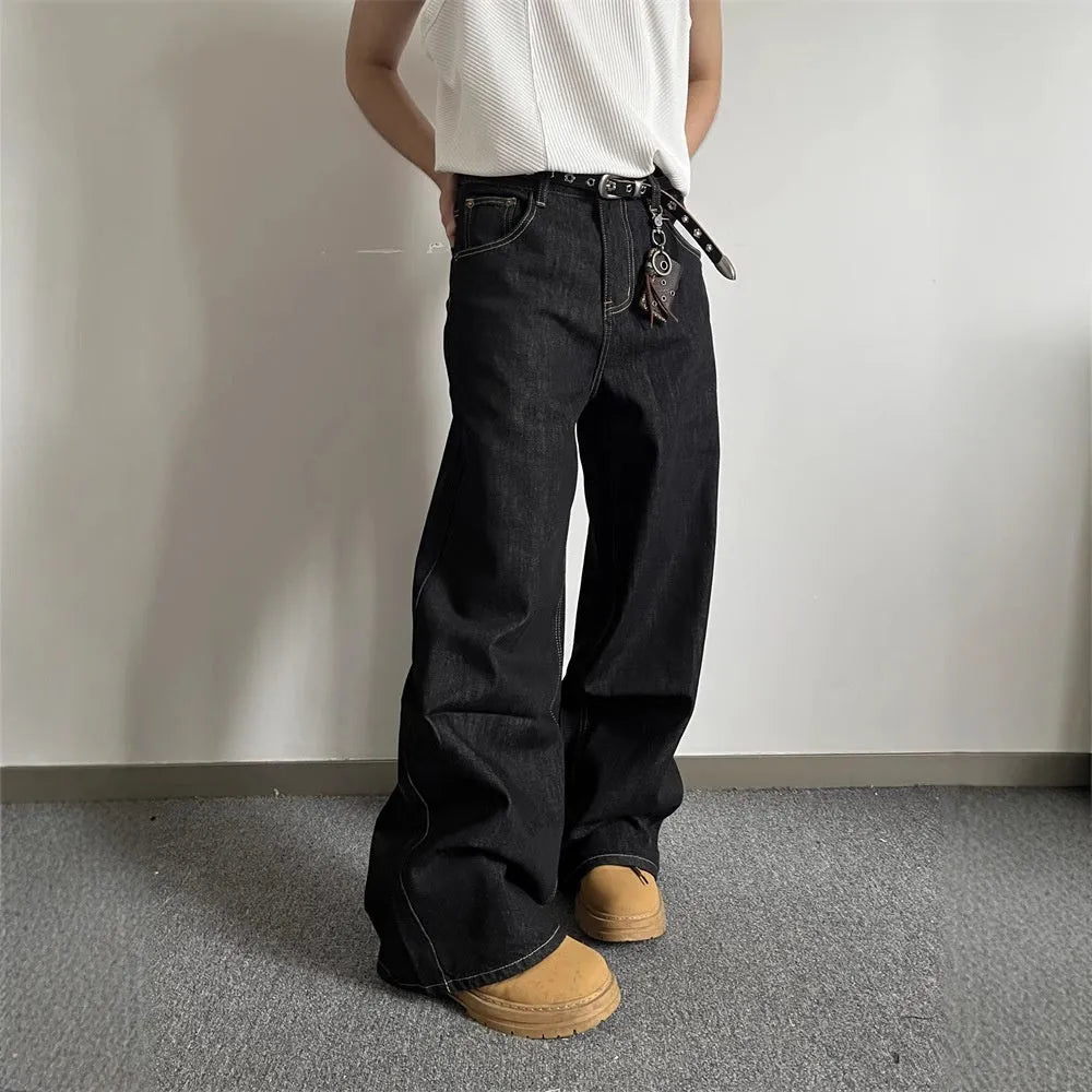 Black retro straight-leg jeans with loose wide-leg cut and zip placket