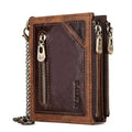 Men's brown RFID anti-theft leather wallet with chain detail and genuine cowhide construction