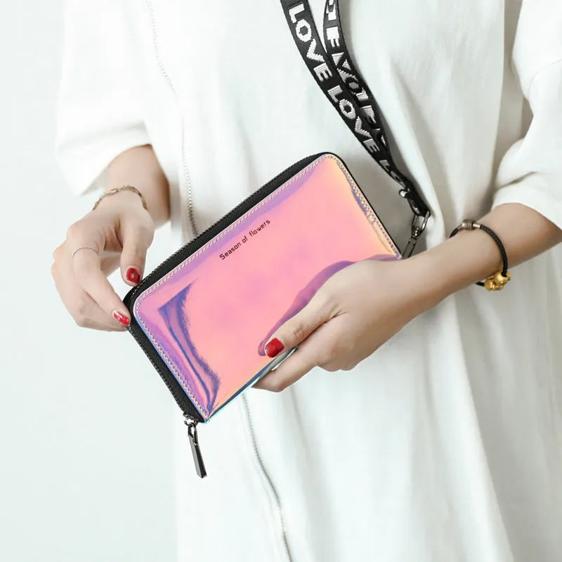 Short Korean-style folding wallet in PU leather showing three colour options