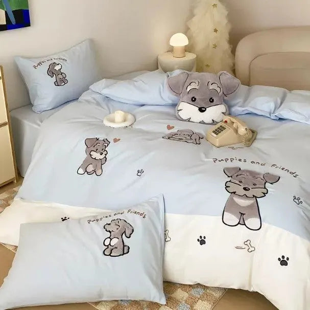Schnauzer cartoon embroidered cotton bedding set with quilt cover, sheet, and pillowcases on bed