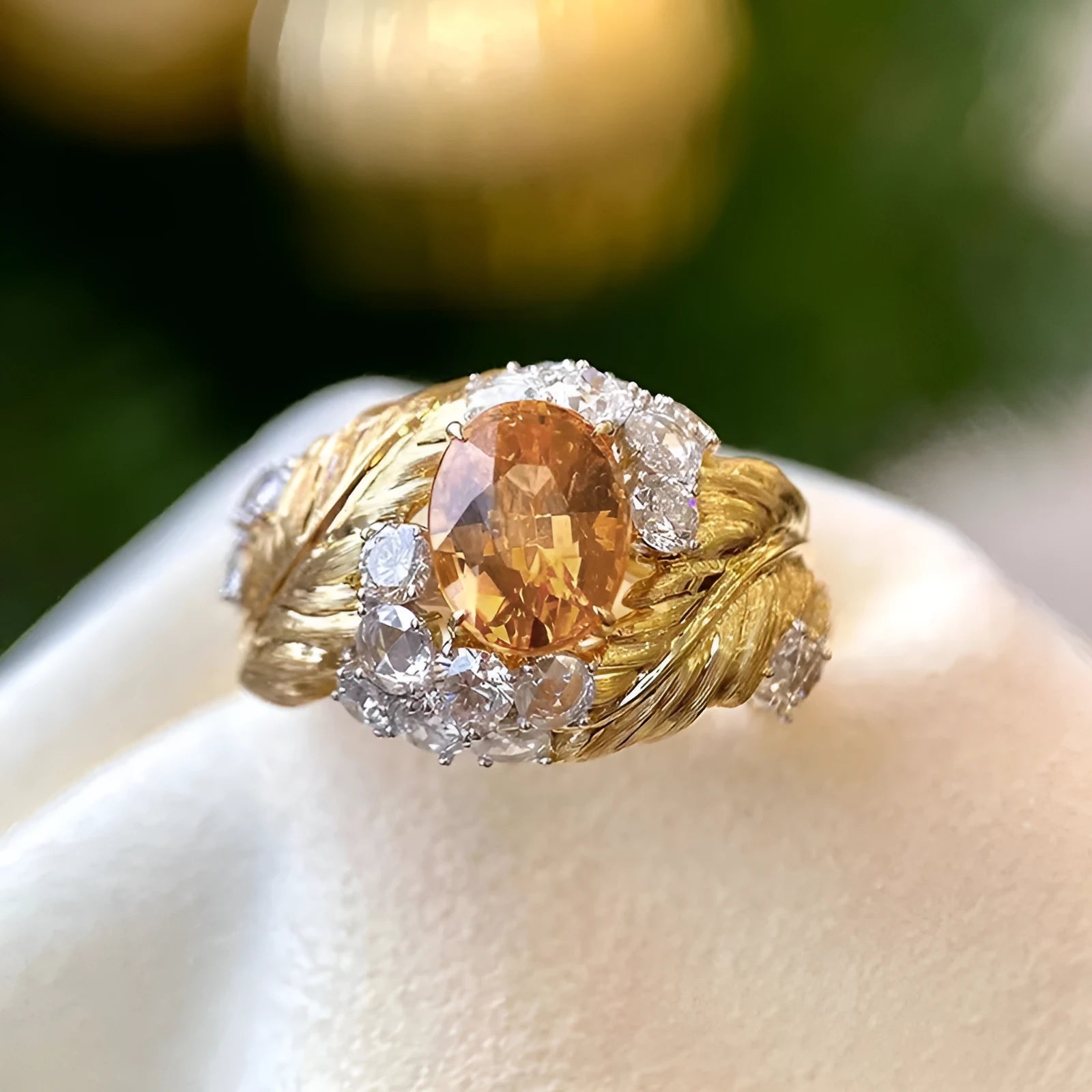 Gold-colour copper women's ring with embossed feather pattern and yellow zircon stone