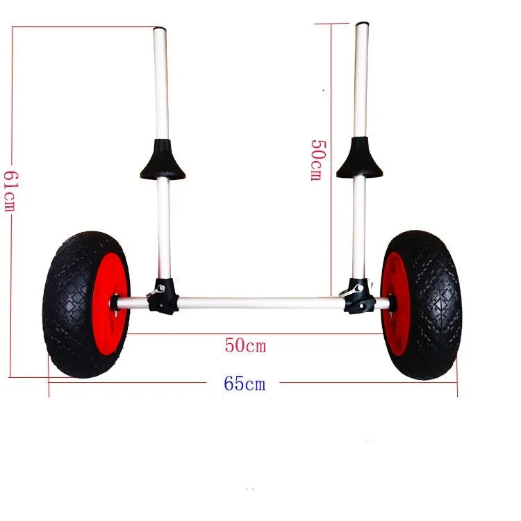 Foldable aluminium kayak cart with wheels and platform for transporting open kayaks.