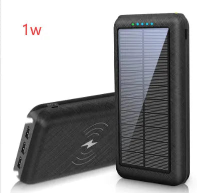 Black portable power bank with wireless Qi charging pad, three USB ports, and LED flashlight