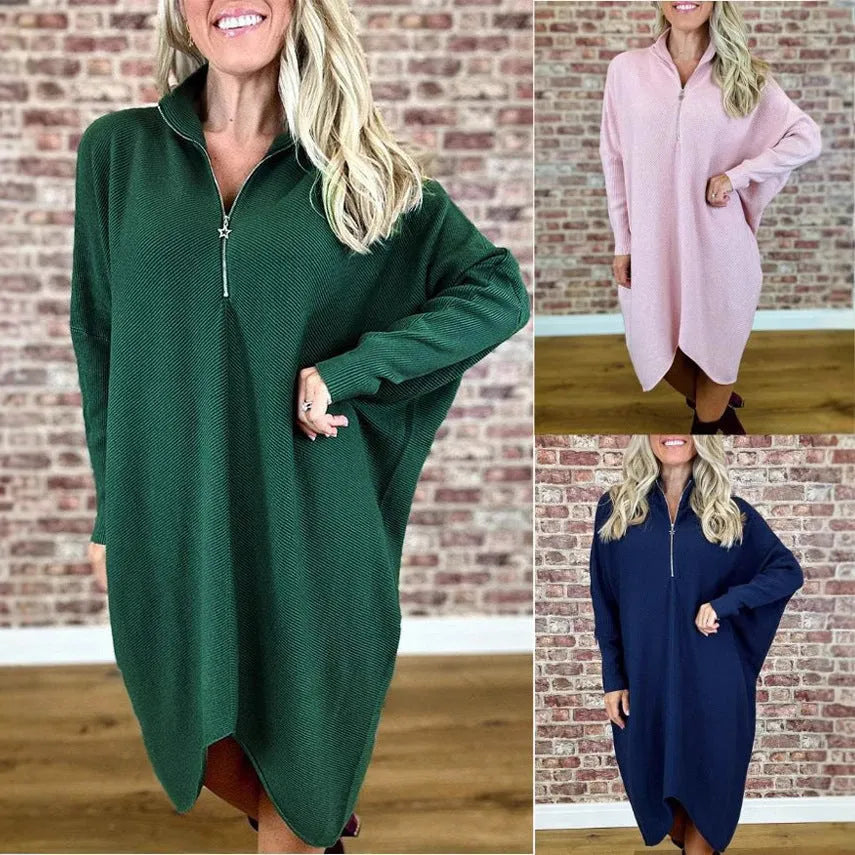 Women's solid colour knitted dress with raglan sleeves and side zipper in polyester fabric.