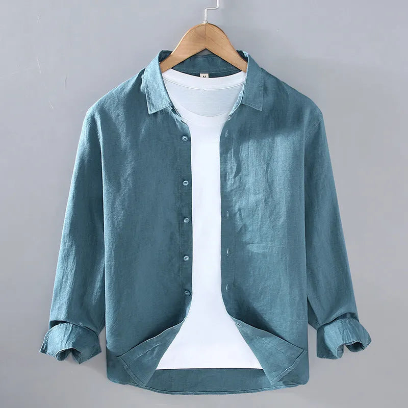 Men's pure linen cardigan-style shirt in solid colours showing long sleeves and simple design