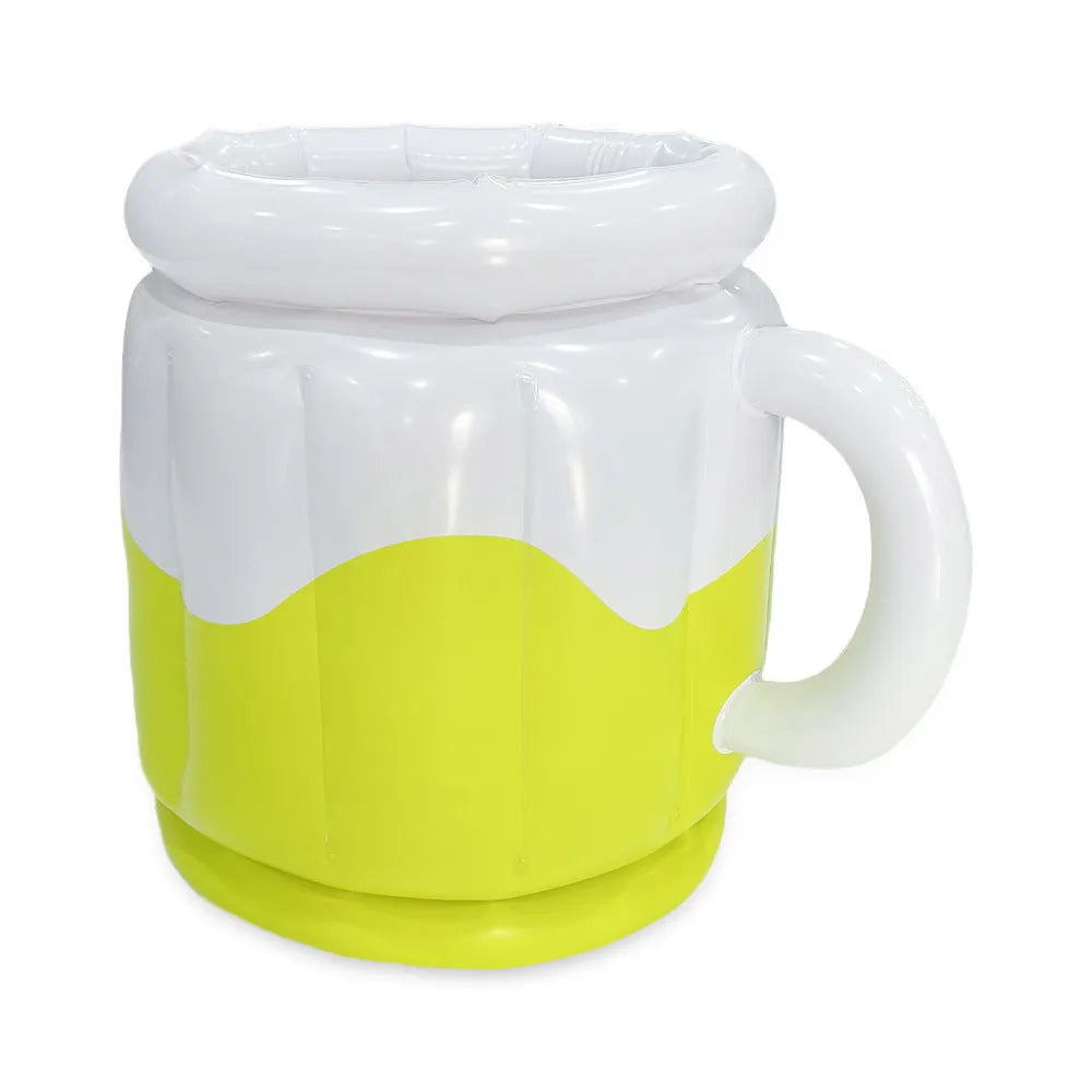 Yellow inflatable PVC ice bucket designed for beer steins, deflated for portable transport