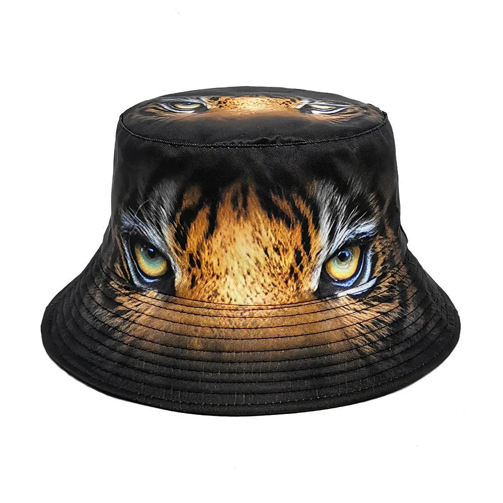 Tiger pattern polyester bucket hat with dome crown in khaki colour, size M 56-58cm