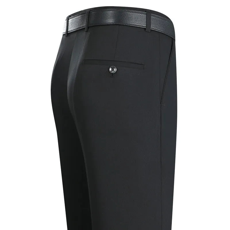 Men's straight-leg business trousers with high waist in mulberry silk fabric available in dark blue, black, and khaki colours