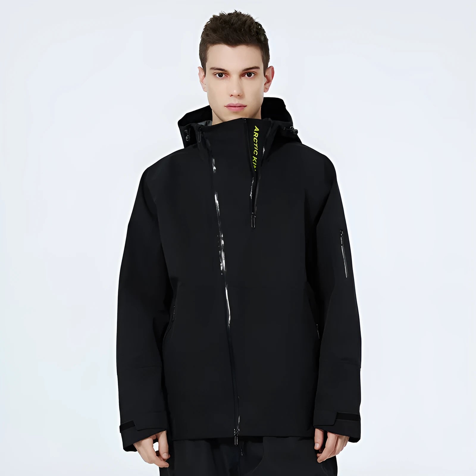 Unisex thin double-plate ski suit in yellow, shown on a model, for waterproof windproof snow sports.