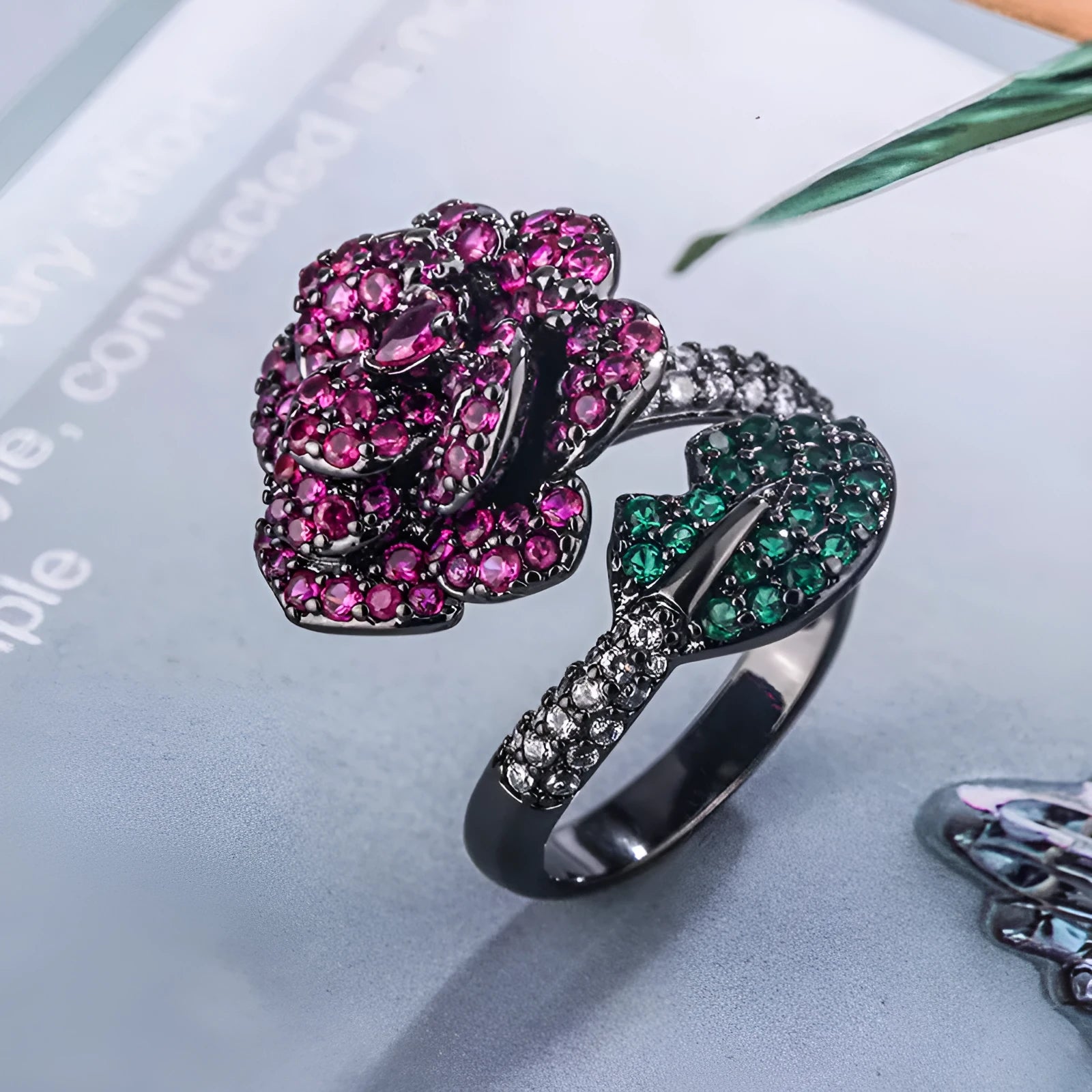 Geometric black gold personality ring with red corundum stones
