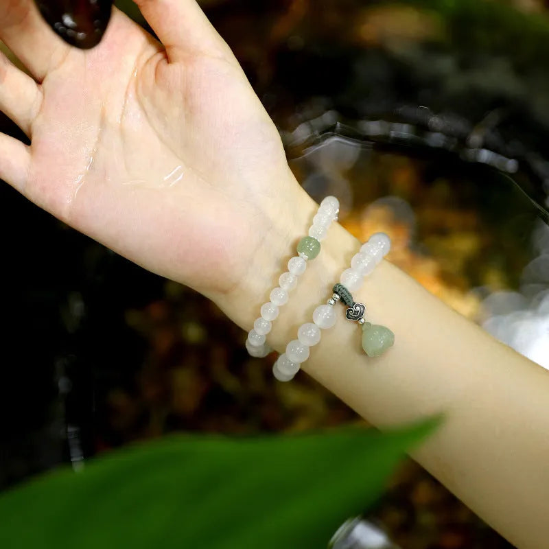 Women's S925 silver bracelet with white agate and Hetian jade stones in geometric national style design